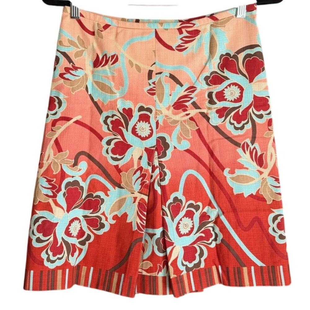 LOFT Red Floral Woven Knit Pleated A-Line Skirt Sz 4 Preppy Spring Work Wedding